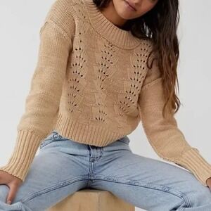Free‎ People Bell Song Pullover Tan Oatmeal Cottagecore Cropped Sweater Size S